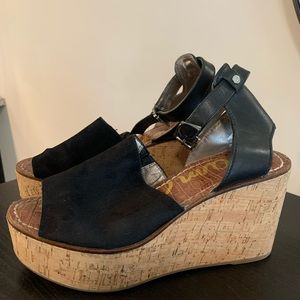 Black Sam Edelman “Devin” suede platform wedges with ankle strap. Size 9.5.